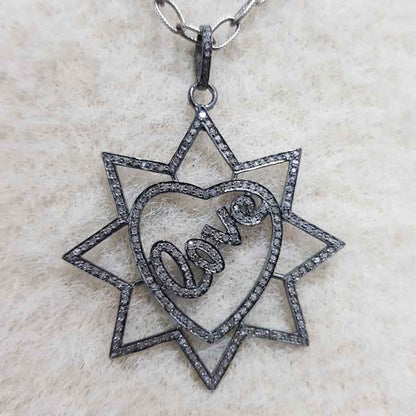 Handmade Love Designer Heart Star Pendant With Pave Diamond Layers, Silver Jewelry