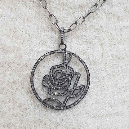 Beautiful Black Rose Flower Pendant With Pave Diamond Layers, Wedding Gift, Gift For Wife