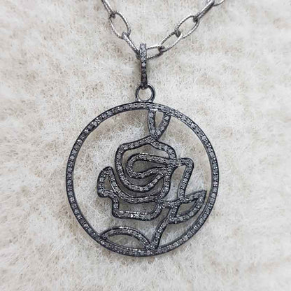 Beautiful Black Rose Flower Pendant With Pave Diamond Layers, Wedding Gift, Gift For Wife