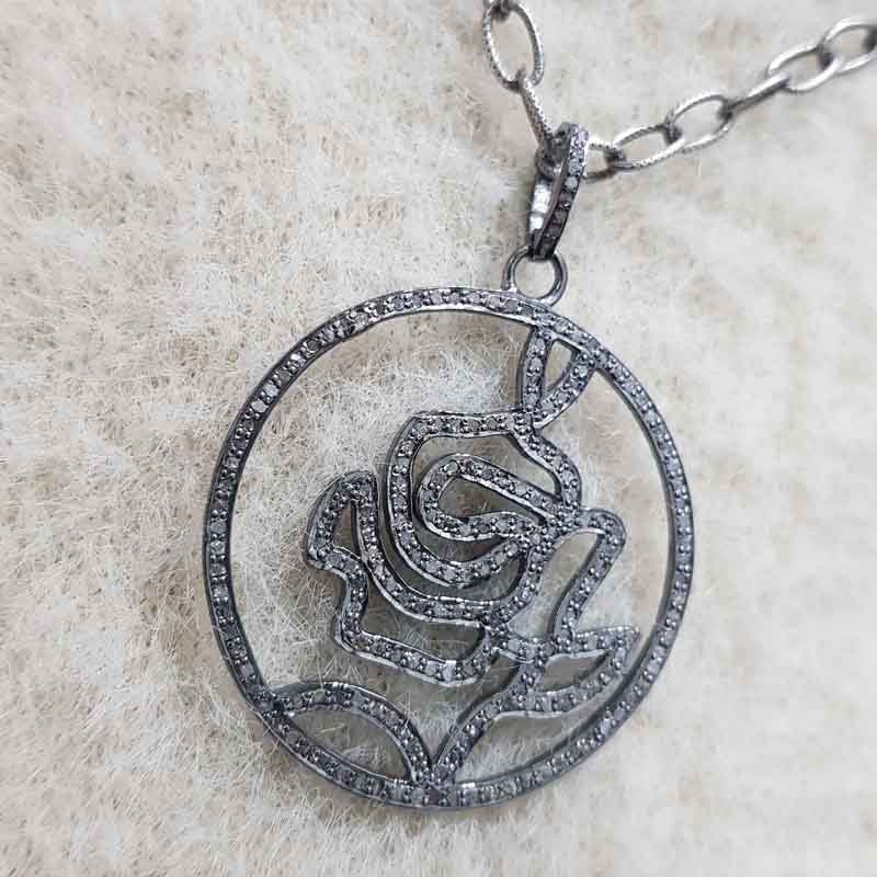 Beautiful Black Rose Flower Pendant With Pave Diamond Layers, Wedding Gift, Gift For Wife