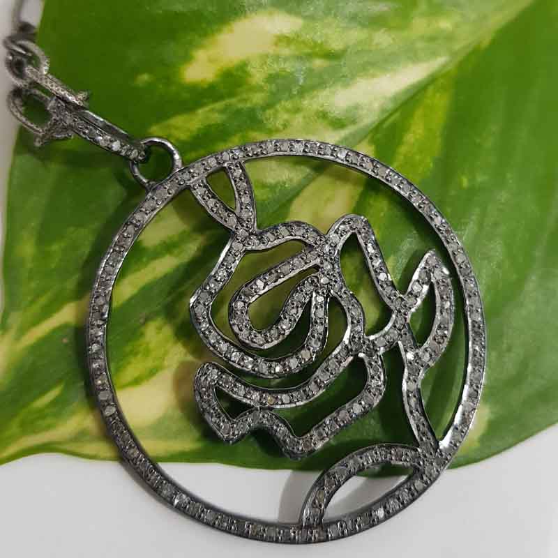 Beautiful Black Rose Flower Pendant With Pave Diamond Layers, Wedding Gift, Gift For Wife