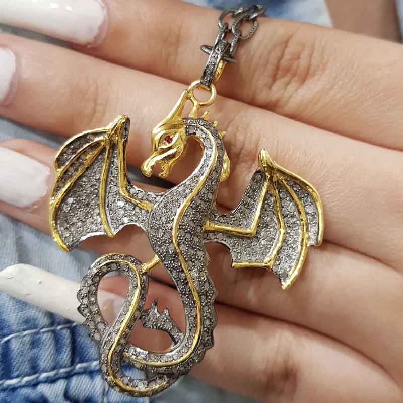 Handmade Designer Yellow Big Dragon Pendent With Pave Diamond And 925 Sterling Silver, Gift For Someone, Silver Jewelry