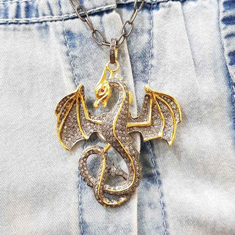 Handmade Designer Yellow Big Dragon Pendent With Pave Diamond And 925 Sterling Silver, Gift For Someone, Silver Jewelry