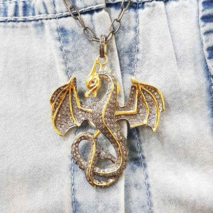 Handmade Designer Yellow Big Dragon Pendent With Pave Diamond And 925 Sterling Silver, Gift For Someone, Silver Jewelry