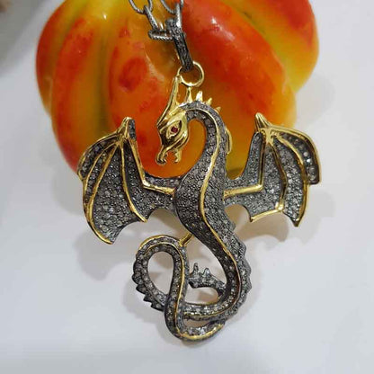 Handmade Designer Yellow Big Dragon Pendent With Pave Diamond And 925 Sterling Silver, Gift For Someone, Silver Jewelry