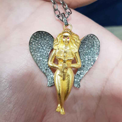 Yellow Polish Designer Pave Diamond Mother God Angle Style Pendant, Unique Gift, Gift For Someone,