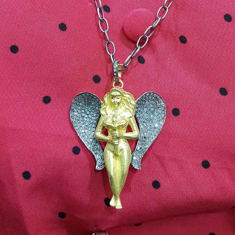 Yellow Polish Designer Pave Diamond Mother God Angle Style Pendant, Unique Gift, Gift For Someone,