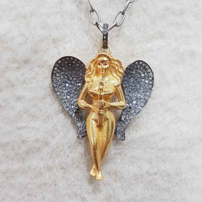 Yellow Polish Designer Pave Diamond Mother God Angle Style Pendant, Unique Gift, Gift For Someone,