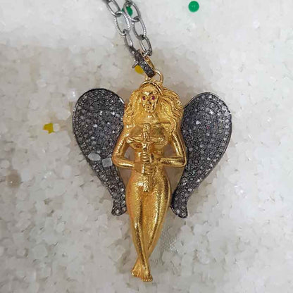 Yellow Polish Designer Pave Diamond Mother God Angle Style Pendant, Unique Gift, Gift For Someone,