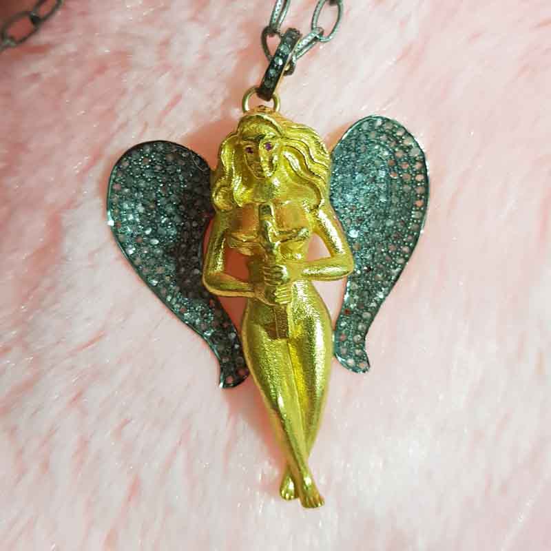 Yellow Polish Designer Pave Diamond Mother God Angle Style Pendant, Unique Gift, Gift For Someone,