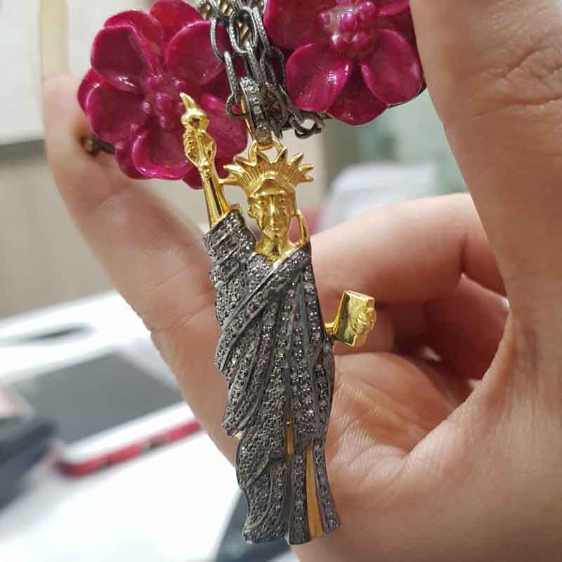 Yellow And Black Statue of Liberty Pendant With Pave Diamond Layers, Silver Jewelry, Gift For Mom