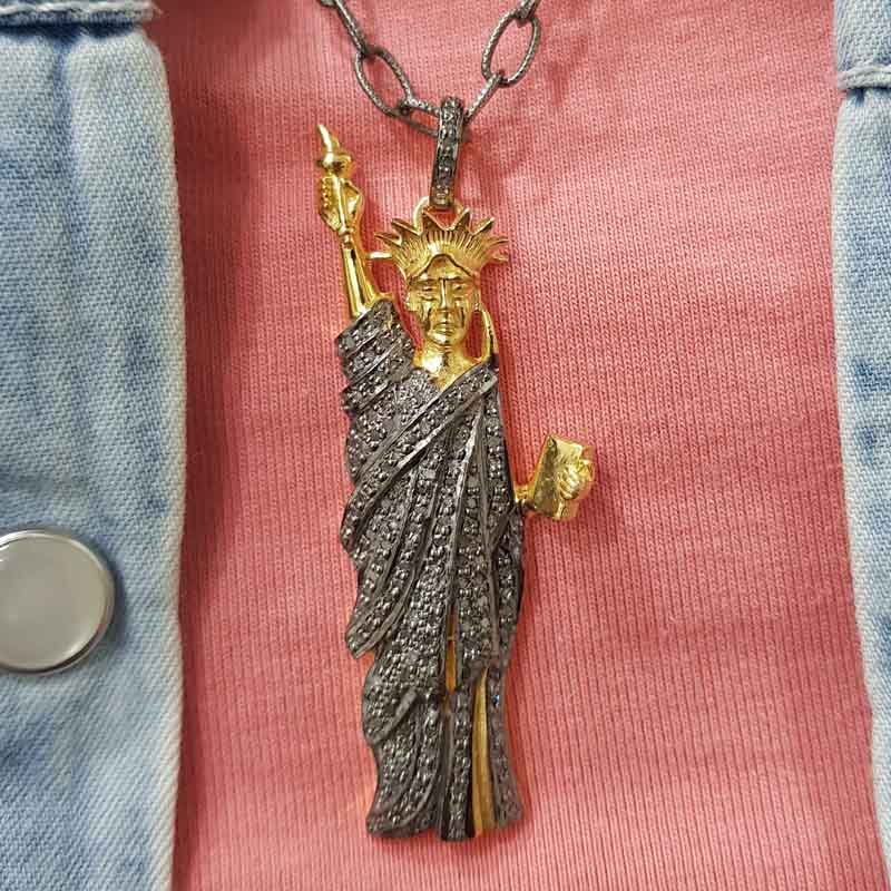 Yellow And Black Statue of Liberty Pendant With Pave Diamond Layers, Silver Jewelry, Gift For Mom