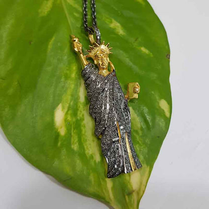 Yellow And Black Statue of Liberty Pendant With Pave Diamond Layers, Silver Jewelry, Gift For Mom