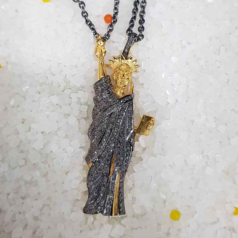 Yellow And Black Statue of Liberty Pendant With Pave Diamond Layers, Silver Jewelry, Gift For Mom