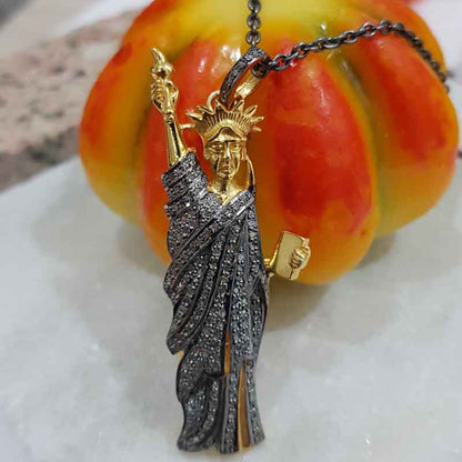 Yellow And Black Statue of Liberty Pendant With Pave Diamond Layers, Silver Jewelry, Gift For Mom