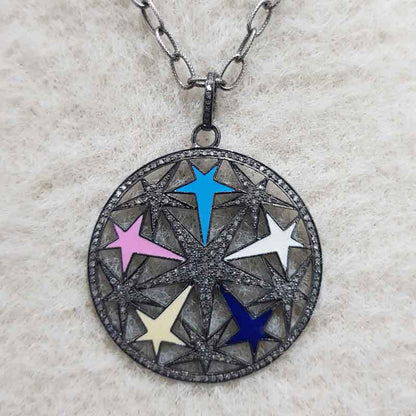 Colorful Enamel Stars In A Round Shape Pave Diamond Designer Beautiful Pendant, Gift For Sister, Birthday Gift