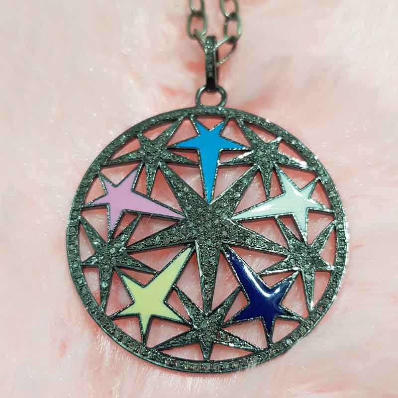 Colorful Enamel Stars In A Round Shape Pave Diamond Designer Beautiful Pendant, Gift For Sister, Birthday Gift