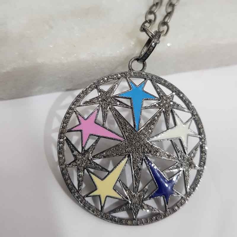 Colorful Enamel Stars In A Round Shape Pave Diamond Designer Beautiful Pendant, Gift For Sister, Birthday Gift