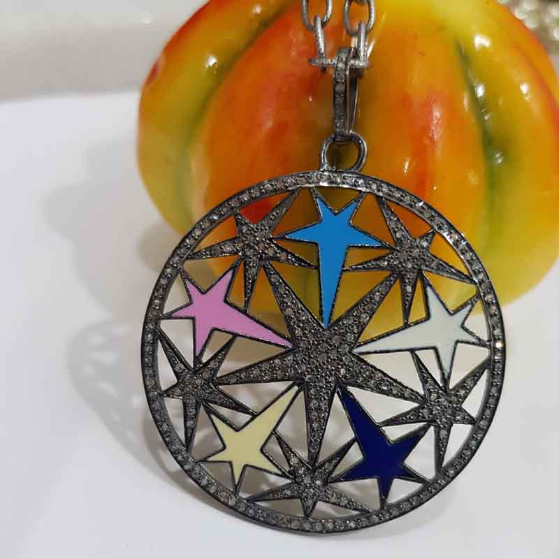 Colorful Enamel Stars In A Round Shape Pave Diamond Designer Beautiful Pendant, Gift For Sister, Birthday Gift