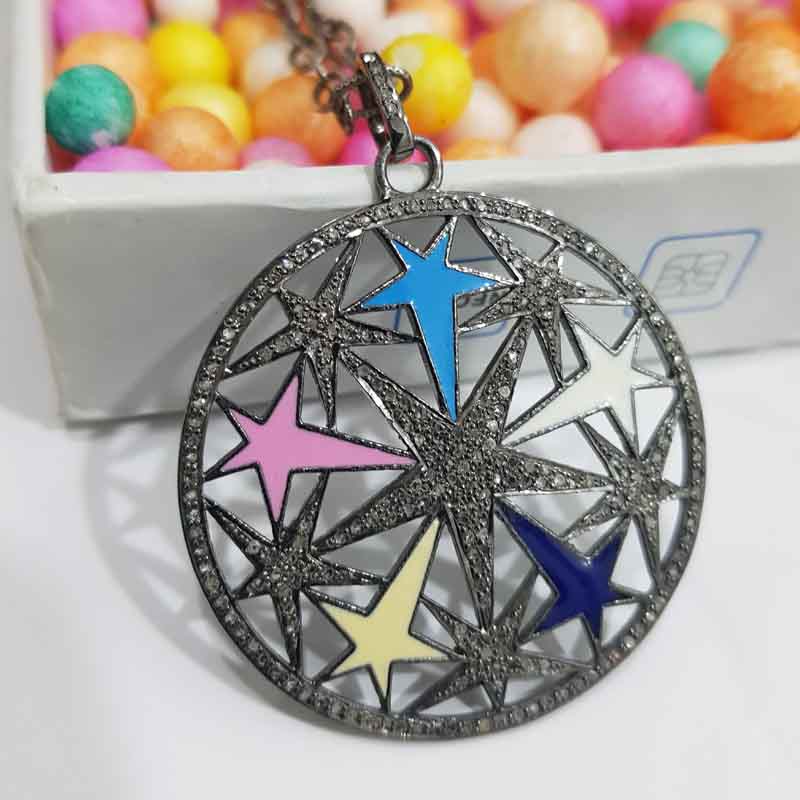 Colorful Enamel Stars In A Round Shape Pave Diamond Designer Beautiful Pendant, Gift For Sister, Birthday Gift