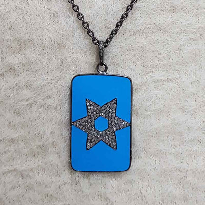 Turquoise Enamel Gorgeous Star Pendant, Stunning Star Tag Necklace, Gift For Someone