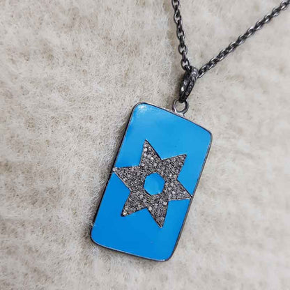 Turquoise Enamel Gorgeous Star Pendant, Stunning Star Tag Necklace, Gift For Someone