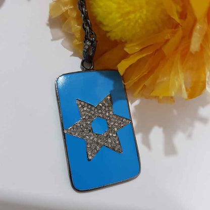 Turquoise Enamel Gorgeous Star Pendant, Stunning Star Tag Necklace, Gift For Someone