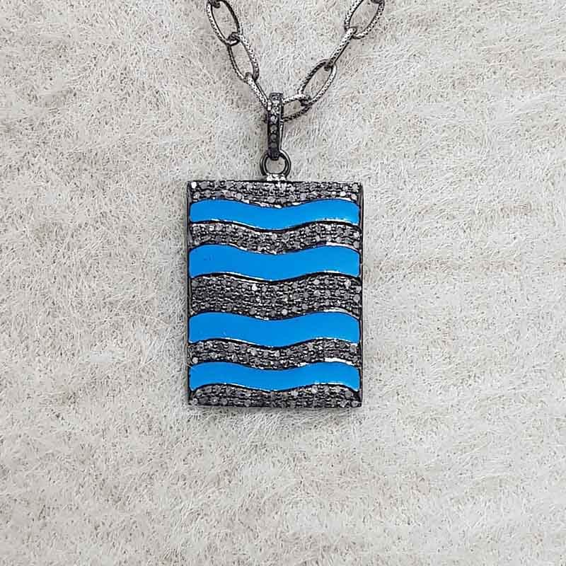 Turquoise Enamel Pave Diamond Fancy Designer Tag Pendant, Anniversary Gift, Gift For Special One, Silver Jewelry