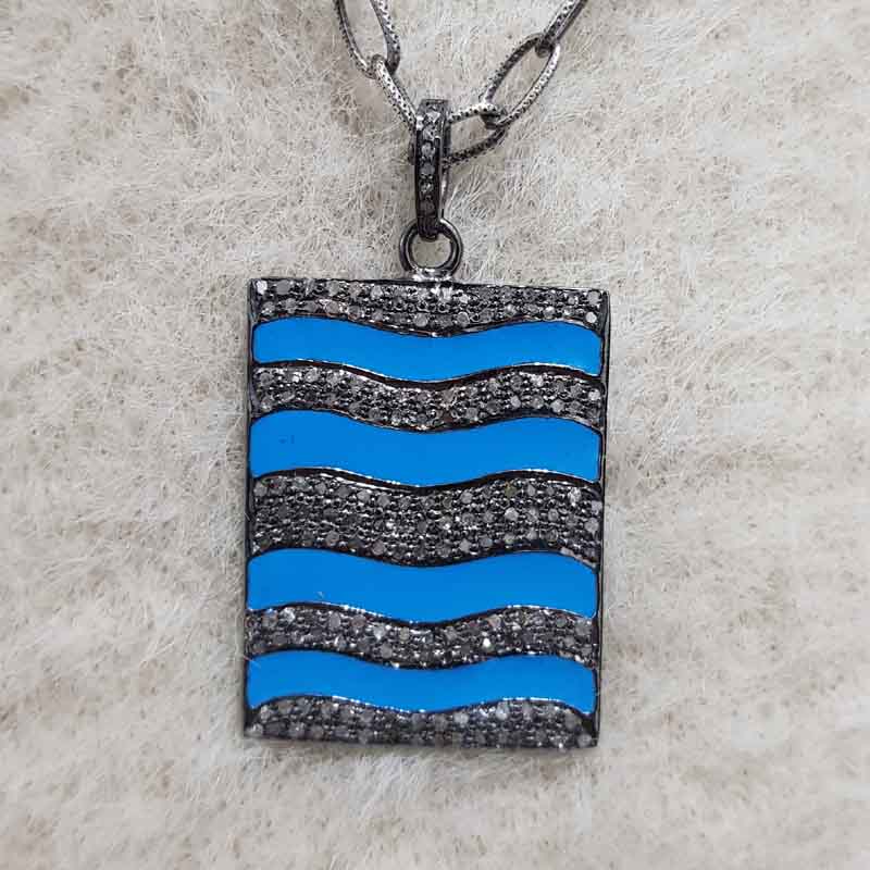 Turquoise Enamel Pave Diamond Fancy Designer Tag Pendant, Anniversary Gift, Gift For Special One, Silver Jewelry