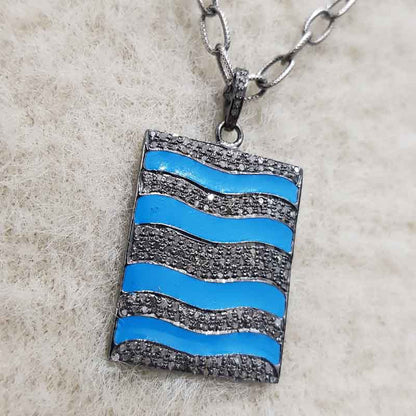 Turquoise Enamel Pave Diamond Fancy Designer Tag Pendant, Anniversary Gift, Gift For Special One, Silver Jewelry