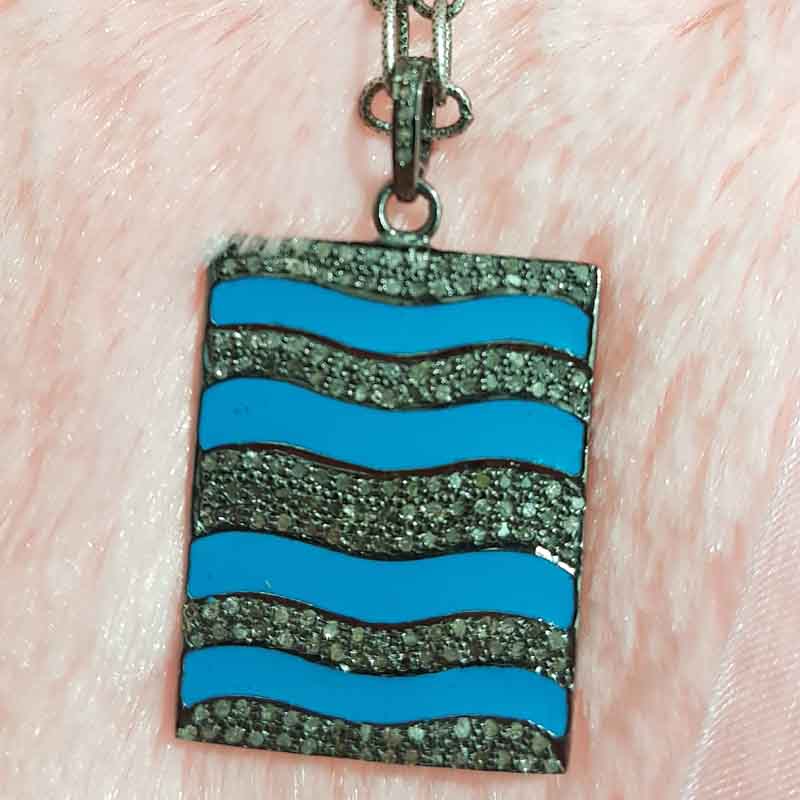 Turquoise Enamel Pave Diamond Fancy Designer Tag Pendant, Anniversary Gift, Gift For Special One, Silver Jewelry