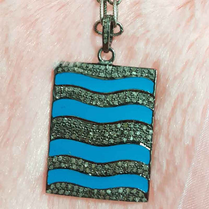 Turquoise Enamel Pave Diamond Fancy Designer Tag Pendant, Anniversary Gift, Gift For Special One, Silver Jewelry