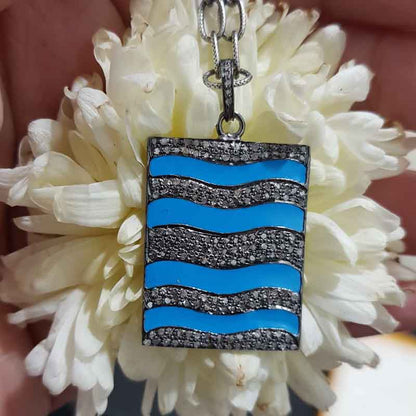 Turquoise Enamel Pave Diamond Fancy Designer Tag Pendant, Anniversary Gift, Gift For Special One, Silver Jewelry