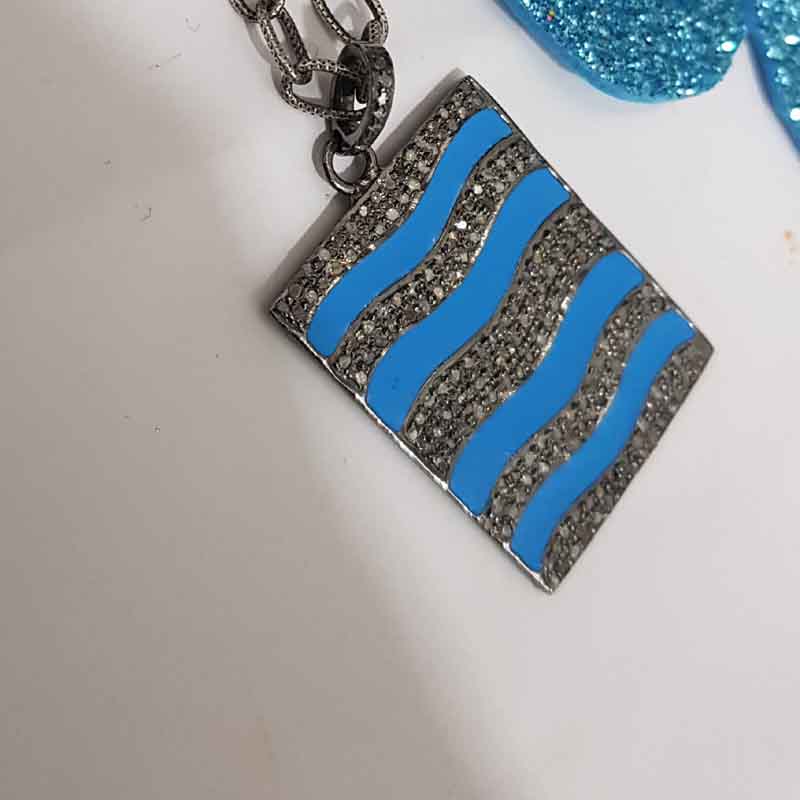 Turquoise Enamel Pave Diamond Fancy Designer Tag Pendant, Anniversary Gift, Gift For Special One, Silver Jewelry