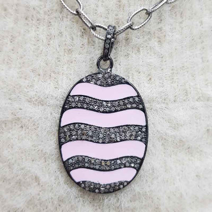 Pink Enamel Oval Shaped Pave Diamond Pendant, Amazing Oval Shape, Wedding Gift, Gift For Someone