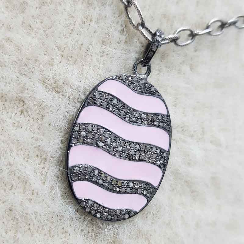 Pink Enamel Oval Shaped Pave Diamond Pendant, Amazing Oval Shape, Wedding Gift, Gift For Someone