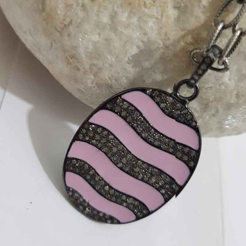 Pink Enamel Oval Shaped Pave Diamond Pendant, Amazing Oval Shape, Wedding Gift, Gift For Someone