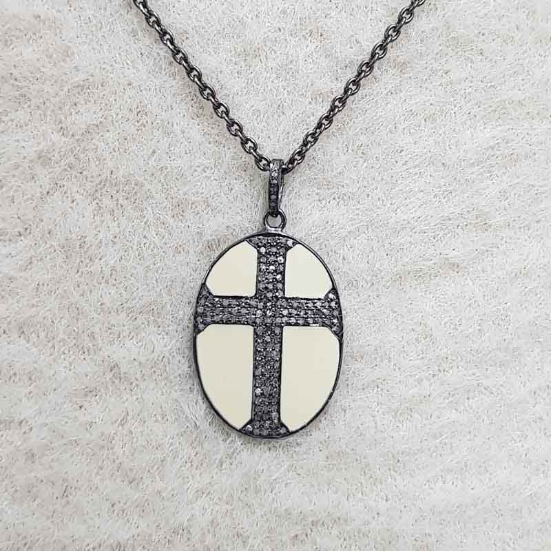 Oval Shaped Pave Diamond Cross Style Pendant With Cream Enamel, Oval Cross Stylish Necklace, Wedding Gift, Christmas Gift