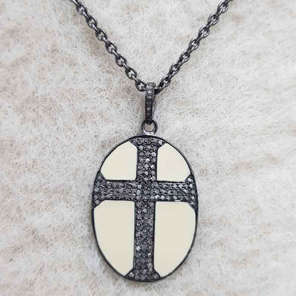 Oval Shaped Pave Diamond Cross Style Pendant With Cream Enamel, Oval Cross Stylish Necklace, Wedding Gift, Christmas Gift