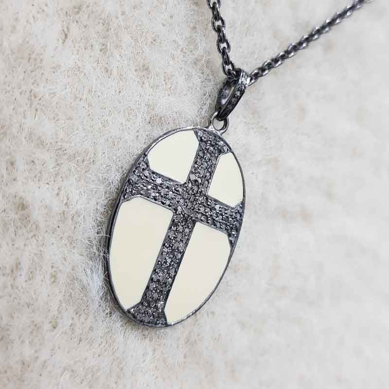 Oval Shaped Pave Diamond Cross Style Pendant With Cream Enamel, Oval Cross Stylish Necklace, Wedding Gift, Christmas Gift