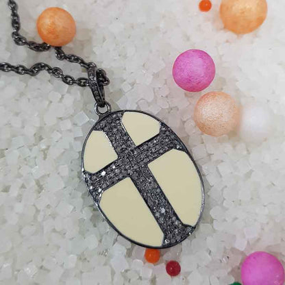 Oval Shaped Pave Diamond Cross Style Pendant With Cream Enamel, Oval Cross Stylish Necklace, Wedding Gift, Christmas Gift