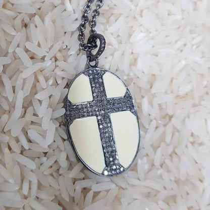 Oval Shaped Pave Diamond Cross Style Pendant With Cream Enamel, Oval Cross Stylish Necklace, Wedding Gift, Christmas Gift