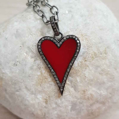 Stunning Small Heart Enamel Pendant With Pave Diamond, valentine's Day Gift, Gift For Lovers