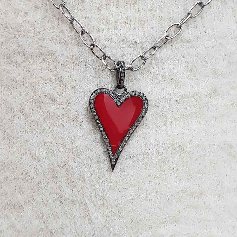 Stunning Small Heart Enamel Pendant With Pave Diamond, valentine's Day Gift, Gift For Lovers