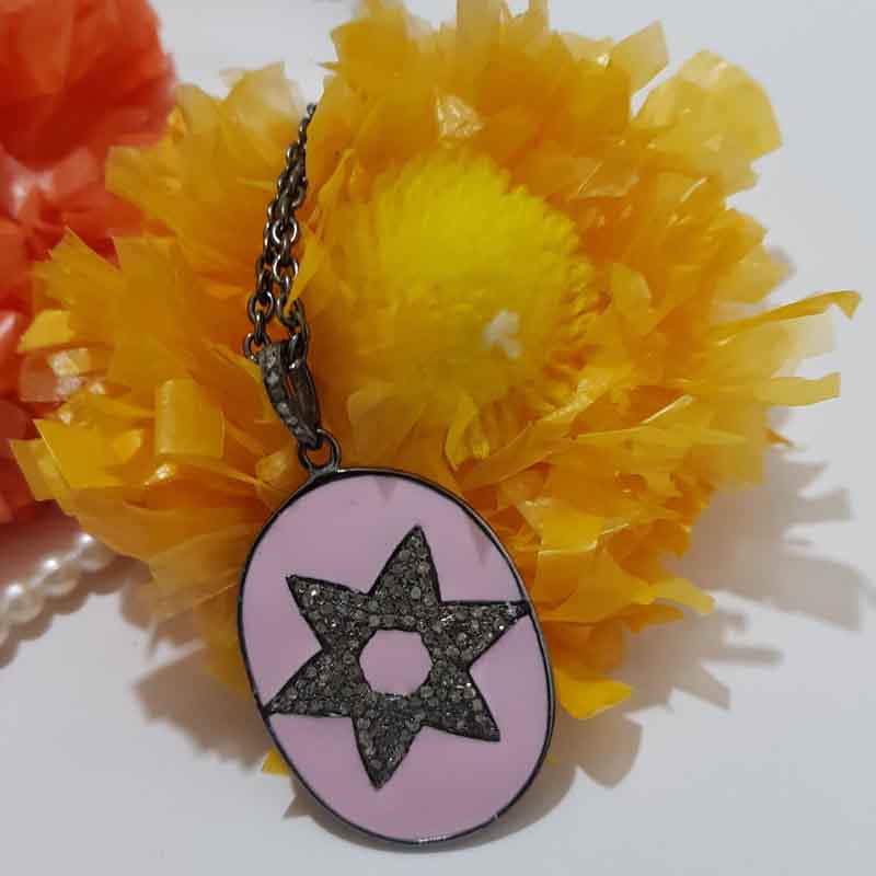 Pink Enamel Star Designer Oval Tag Pendant, Any Occasion Gift, Lovers Gift, Silver Jewelry