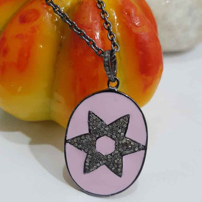 Pink Enamel Star Designer Oval Tag Pendant, Any Occasion Gift, Lovers Gift, Silver Jewelry