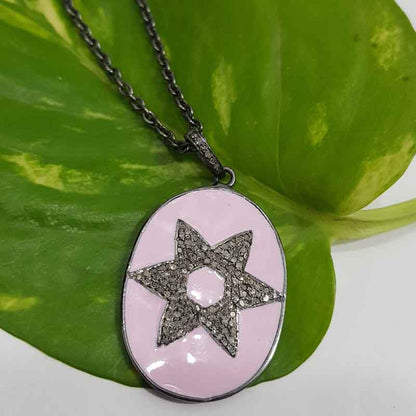 Pink Enamel Star Designer Oval Tag Pendant, Any Occasion Gift, Lovers Gift, Silver Jewelry