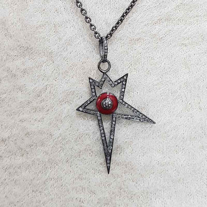 Red Enamel Starburst Pave Diamond 925 Sterling Silver Designer Pendant, Unique Star Shape, Wedding Gift