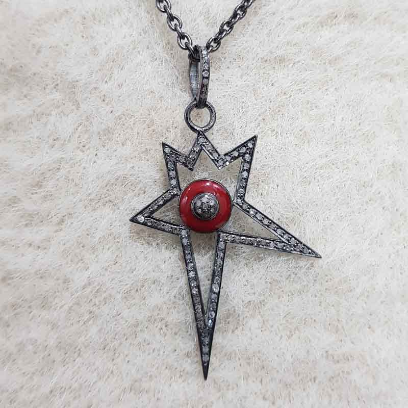 Red Enamel Starburst Pave Diamond 925 Sterling Silver Designer Pendant, Unique Star Shape, Wedding Gift