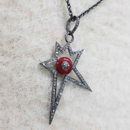 Red Enamel Starburst Pave Diamond 925 Sterling Silver Designer Pendant, Unique Star Shape, Wedding Gift